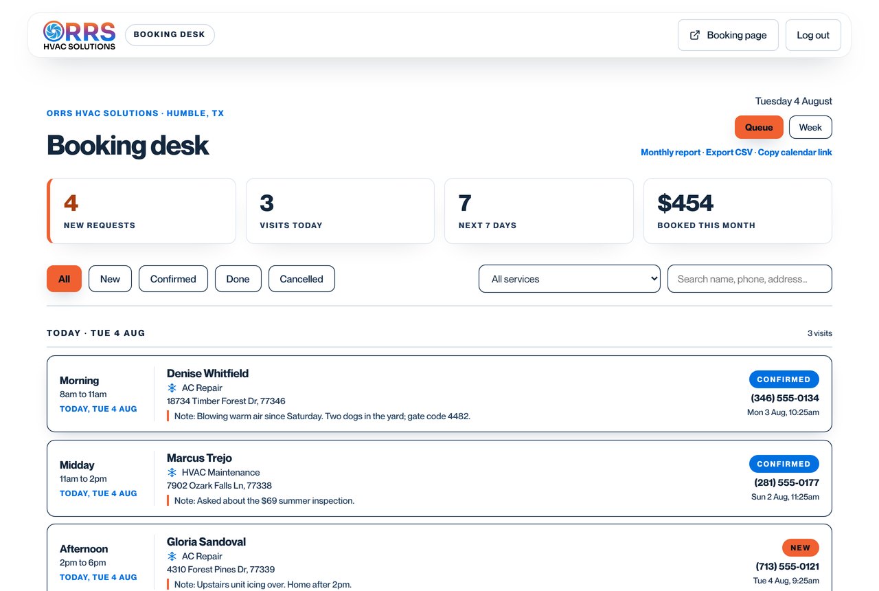 The Booking Desk board we run for ORRS HVAC Solutions, showing the day's confirmed visits and new requests