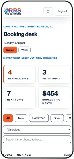 The CRM board we run for a real HVAC client, shown on a phone