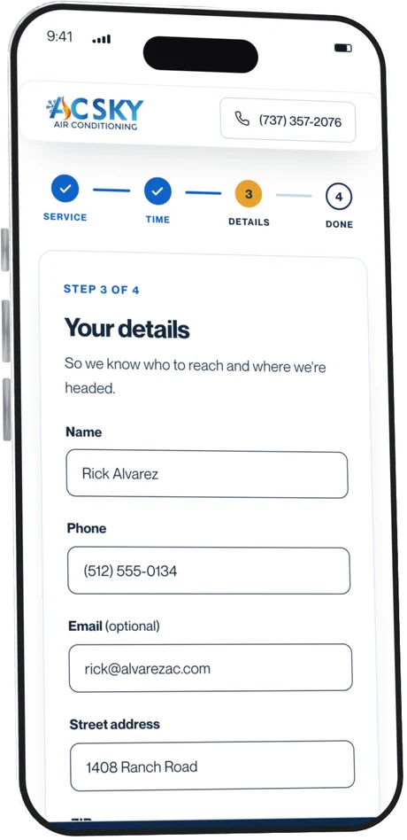 Booking system, step three: entering contact details